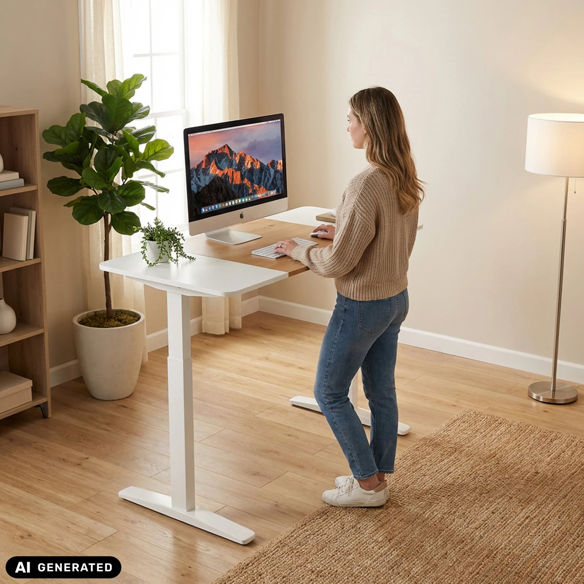 Elektrisch in hoogte verstelbaar bureau STAND T3 in wit en eiken in gebruik van hjh OFFICE (AI-gegenereerde afbeelding)