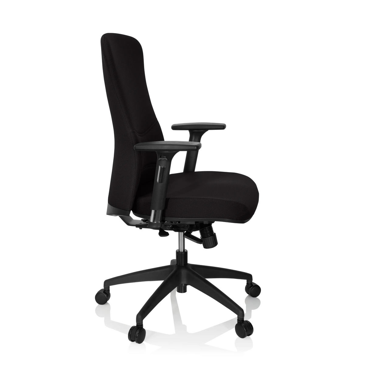 Zwarte Professionele bureaustoel OFFICE XT PRO met armleuningen en vijfpoot met zwenkwielen van hjh OFFICE – 360-gradenweergave (zijaanzicht 80°)