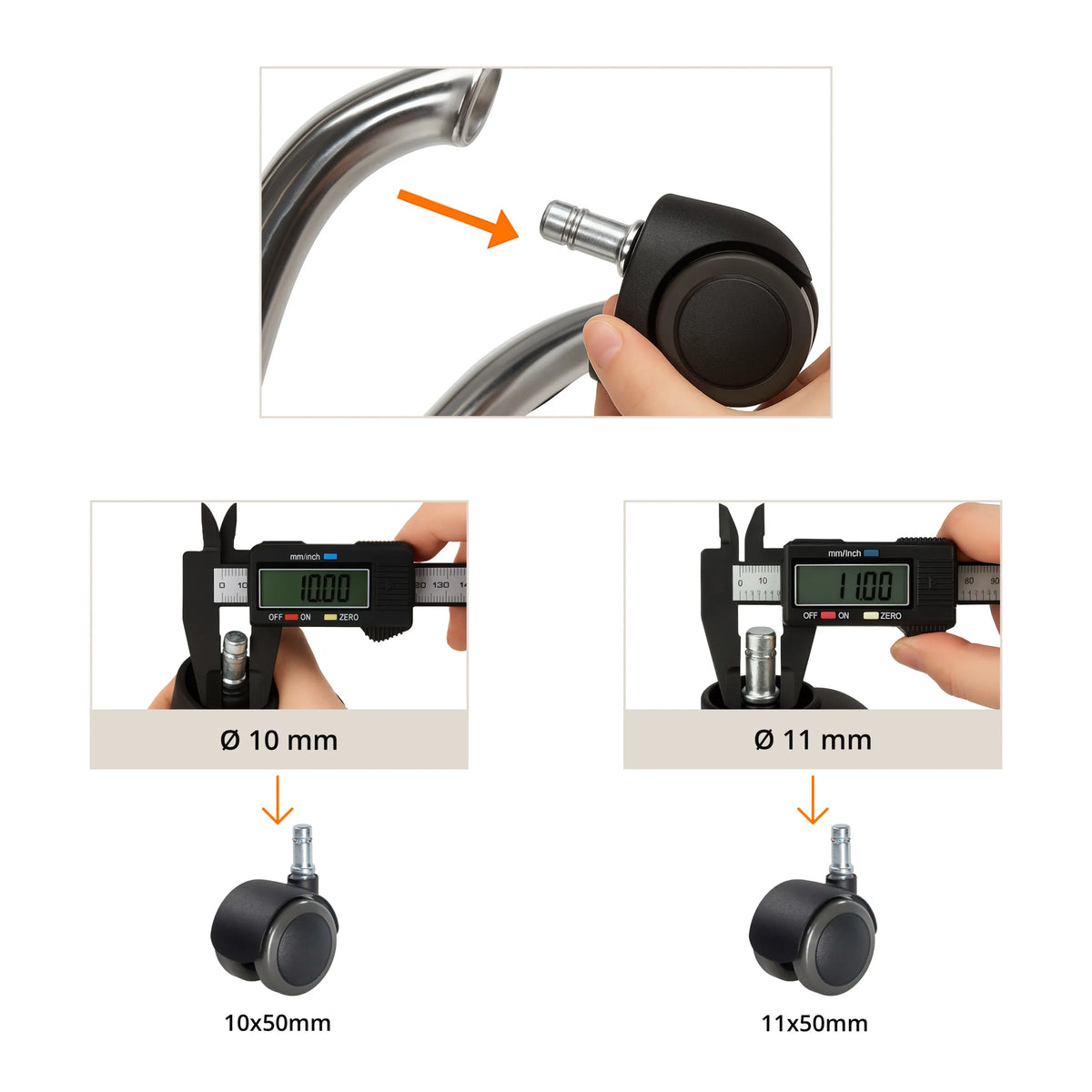 Meting van de pendiameter van 10 mm en 11 mm voor 5x ROLO FIX 10mm/50mm Bureaustoelwielen van hjh OFFICE