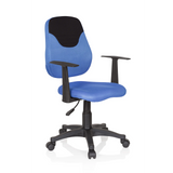Blauwe Kinder bureaustoel KIDDY STYLE met netrugleuning, armleuningen en vijfpoot met wieltjes van hjh OFFICE – 360-gradenweergave (schuin vooraanzicht 40°)