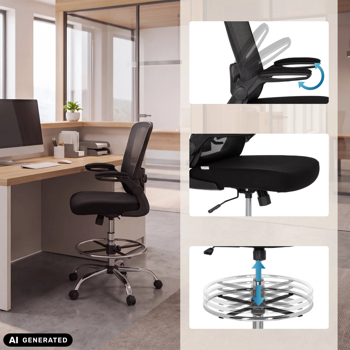 Baliestoel VENDO WORK in zwart met voetring en draaibare armleuningen van hjh OFFICE (AI-gegenereerde afbeelding)
