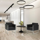 Twee zwarte ARUBA STEP gestoffeerde fauteuils met sleeonderstel en gewatteerde bekleding van hjh OFFICE