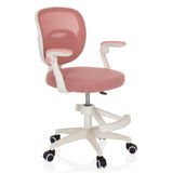 Roze Kinder bureaustoel KIDDY SMART met netrugleuning en vijfsterrenvoet met wielen van hjh OFFICE – 360-gradenweergave (schuin vooraanzicht 45°)