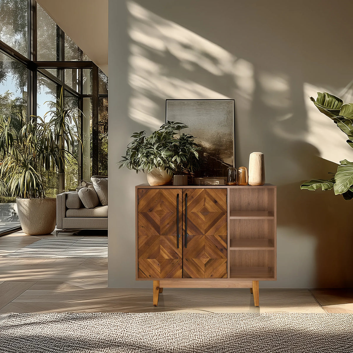 Commode SANTJAGO WOOD L in donkerbruine houtoptiek met twee deuren en een open vak van hjh LIVING