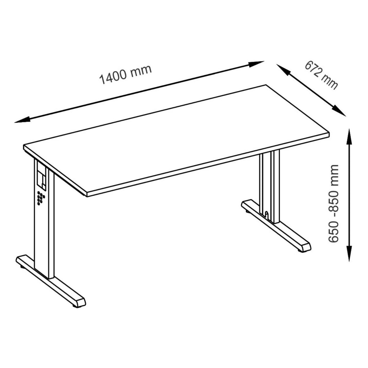 Maattekening van het in hoogte verstelbare bureau MEGA 614 S met afmetingen 1400 x 672 mm van hjh OFFICE PRO
