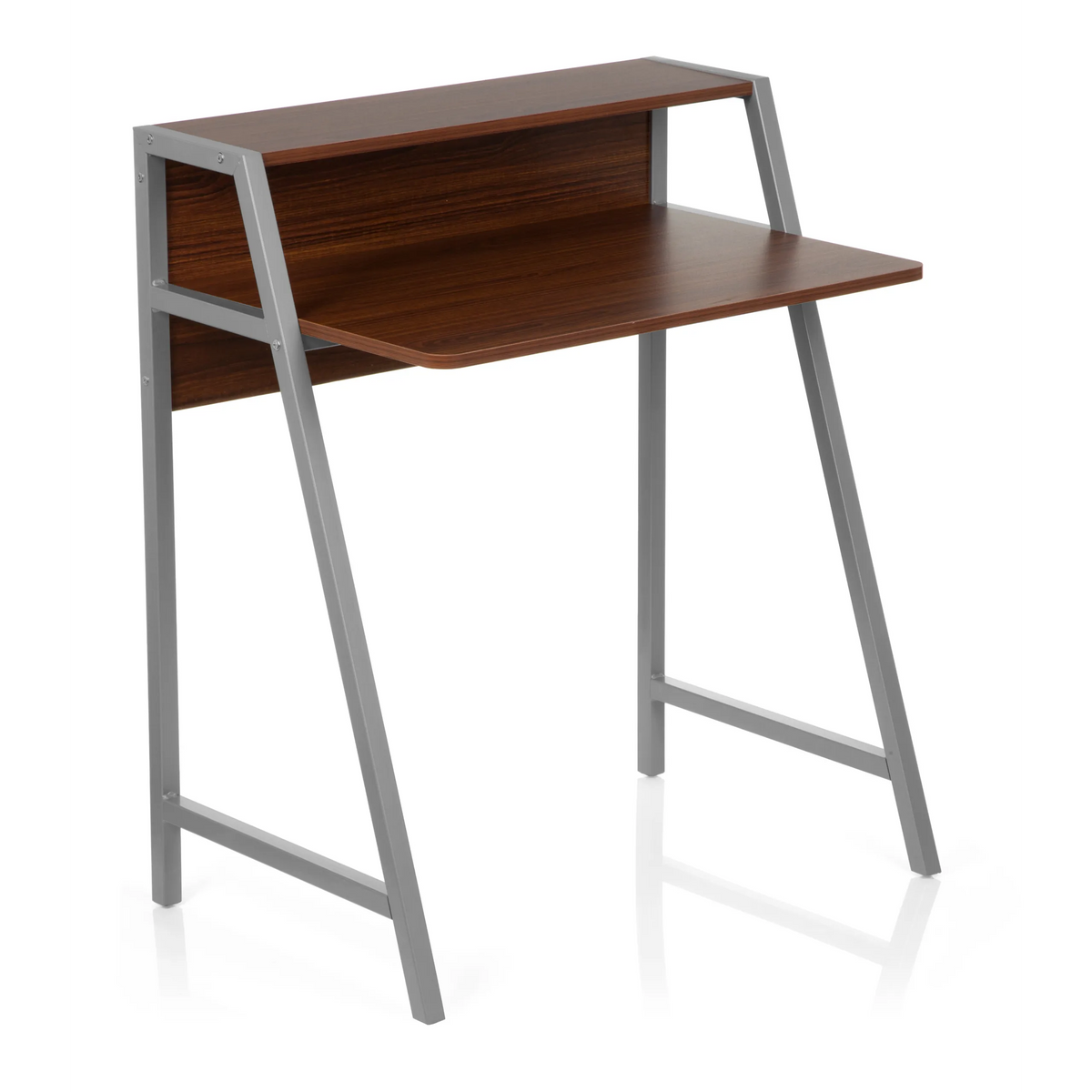 Walnootkleurig Bureau DUMONT met zilverkleurig onderstel en opzetstuk van hjh OFFICE – 360-gradenweergave (schuin vooraanzicht 40°)