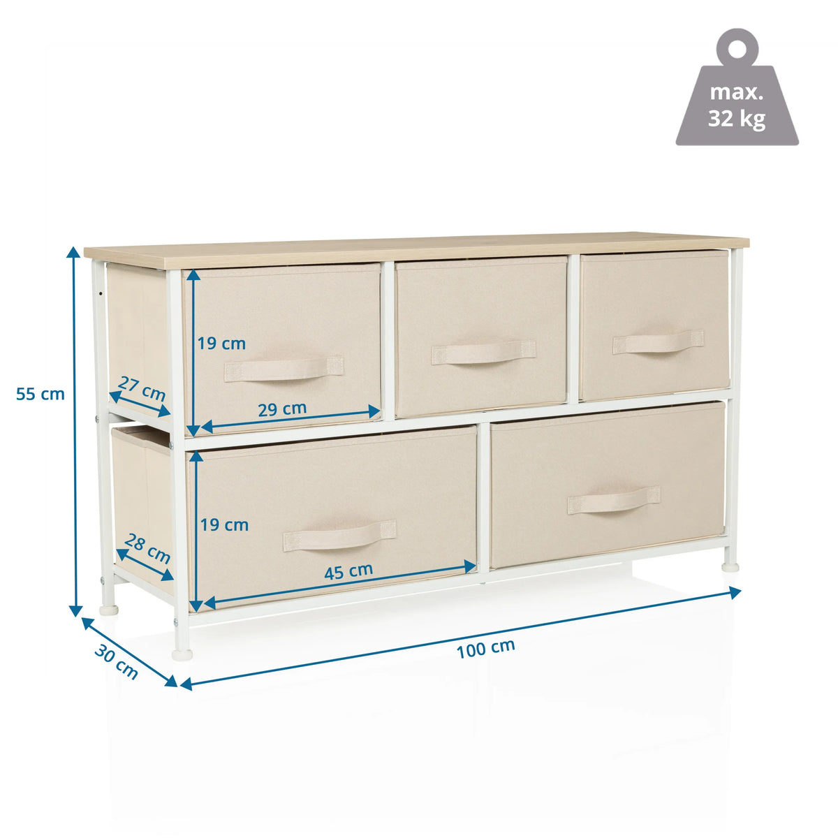 Maattekening van de Commode FOLDAR met 100 × 30 cm en een maximale belasting van 32 kg van hjh LIVING