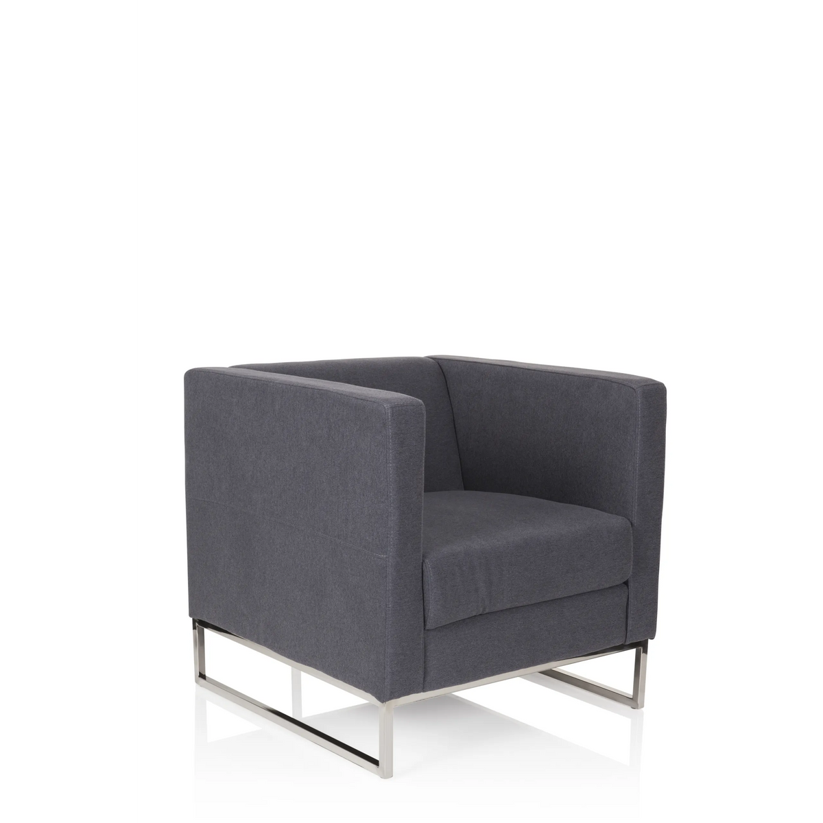 Donkergrijze Gestoffeerde fauteuil BARBADOS met vierkant design en metalen frame van hjh OFFICE – 360-gradenweergave (schuin vooraanzicht 40°)