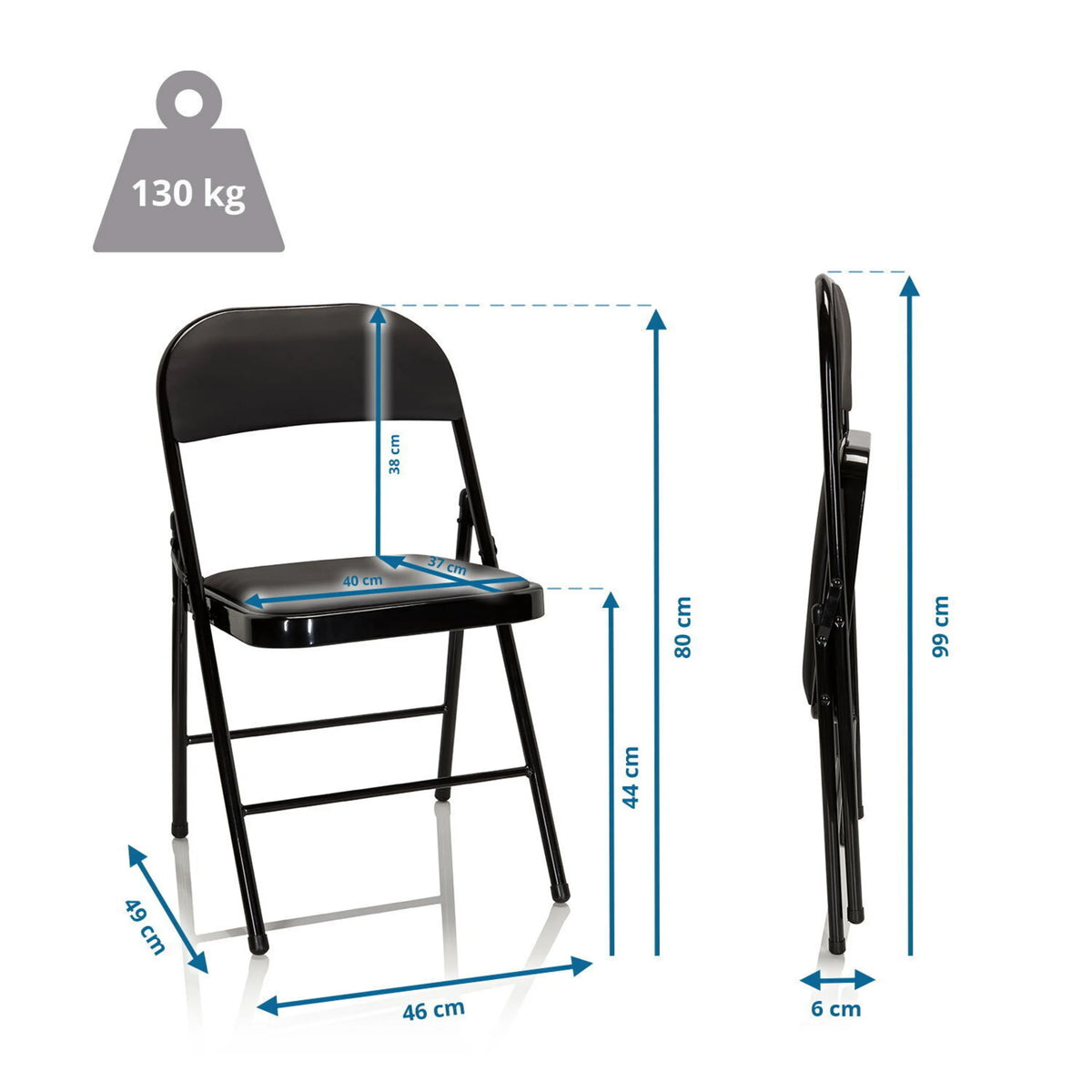 Maattekening van de Klapstoel TUDELA met een hoogte van 80 cm en een draagvermogen van 130 kg van hjh OFFICE