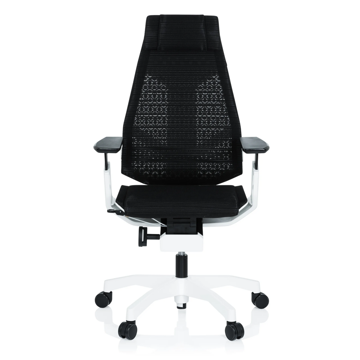Zwarte high end bureaustoel GENIDIA PRO WHITE met netrugleuning en wit vijfster-onderstel met wieltjes van hjh OFFICE – 360-gradenweergave (vooraanzicht 0°)