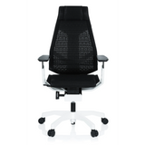 Zwarte high end bureaustoel GENIDIA PRO WHITE met netrugleuning en wit vijfster-onderstel met wieltjes van hjh OFFICE – 360-gradenweergave (vooraanzicht 0°)