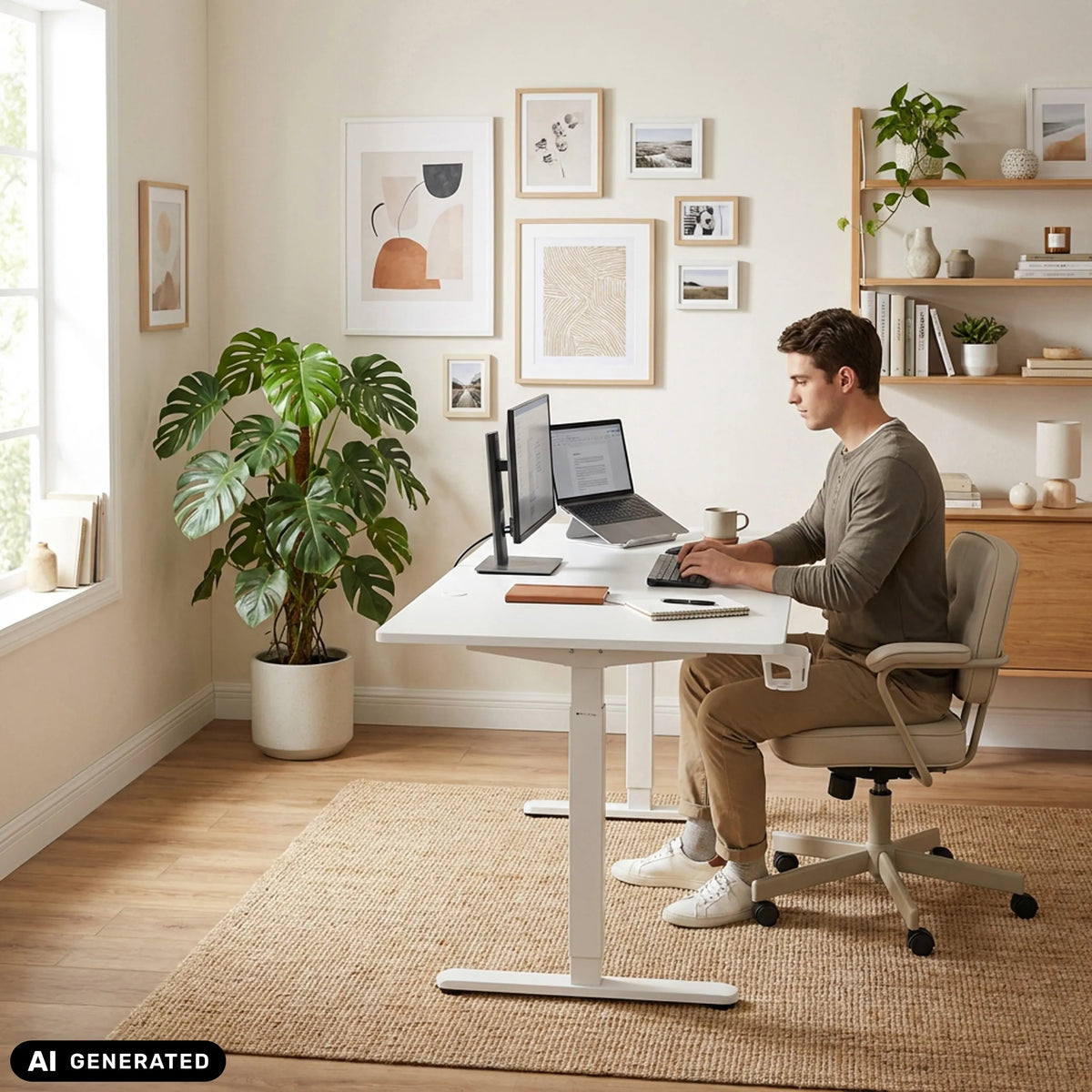 Elektrisch höhenverstellbarer Schreibtisch Worktime in Weiß mit Monitor und Laptop von hjh OFFICE (KI-generiertes Bild)