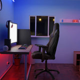 Gamestoel GAMEBREAKER POLARYS I in grijs en blauw aan een bureau met monitor en toetsenbord van hjh OFFICE