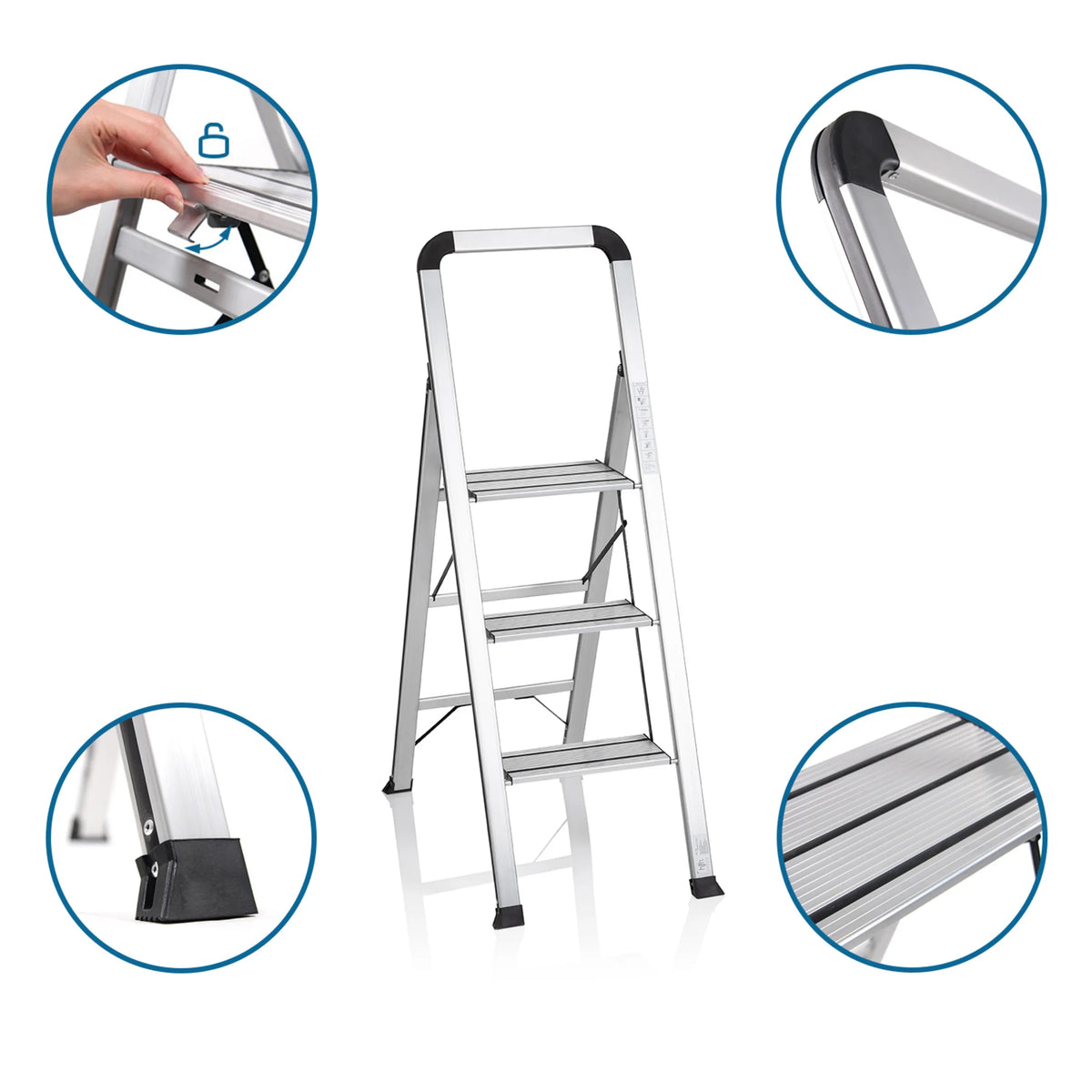 Aluminium klaptrap SOLID V met drie treden, veiligheidssluiting en antislipvoeten van hjh OFFICE