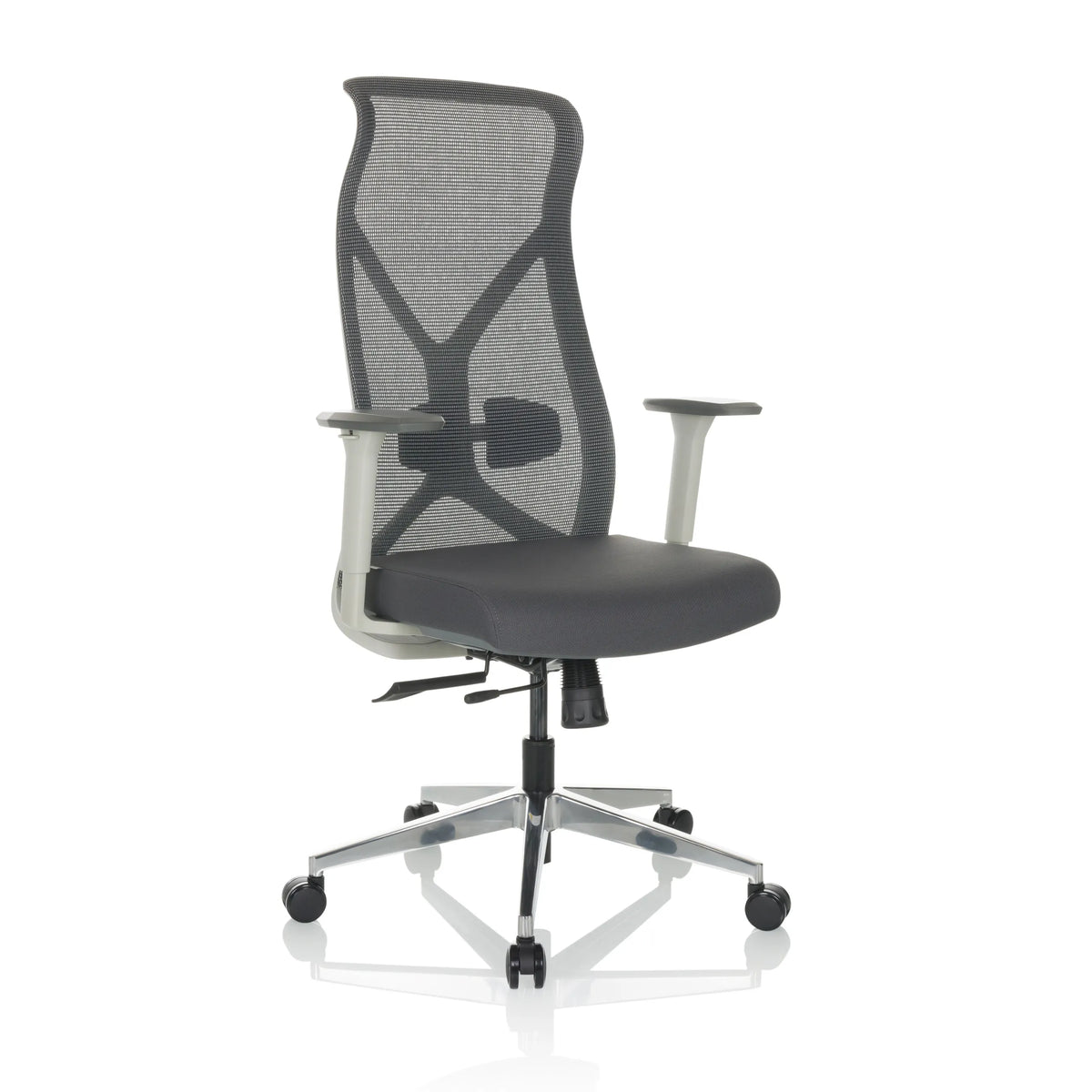Grijze Professionele bureaustoel AZURRO WHITE met netrugleuning en vijfpoot met wieltjes van hjh OFFICE – 360-gradenweergave (schuin vooraanzicht 30°)