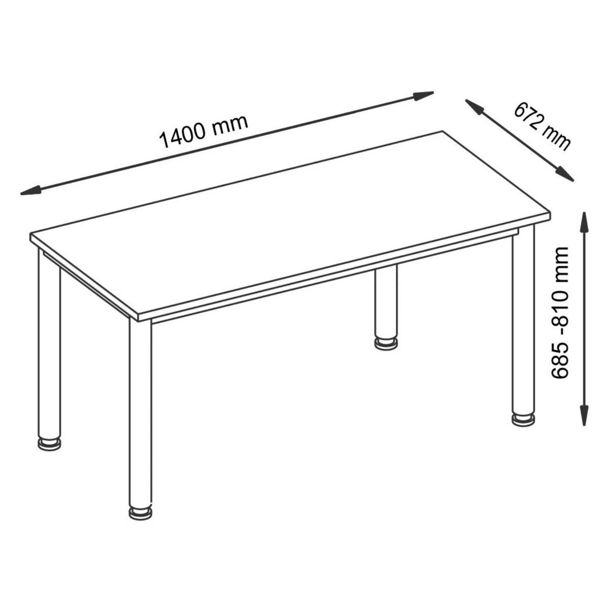 Maattekening van het HILO 614 S bureau met lengte 1400 mm, diepte 672 mm en hoogte 685-810 mm van hjh OFFICE PRO