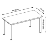 Maattekening van het HILO 614 S bureau met lengte 1400 mm, diepte 672 mm en hoogte 685-810 mm van hjh OFFICE PRO