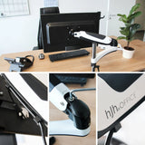 Wit-zwarte VM-MG1 monitorsteun met gewrichtarm, kabelmanagement en bedrijfslogo van hjh OFFICE