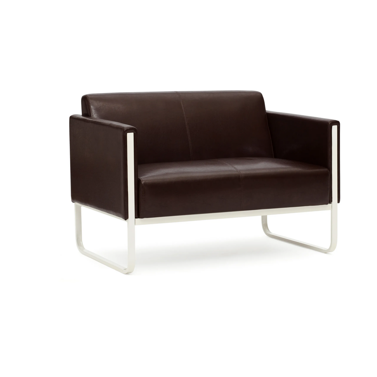 Bruine lounge bank ARUBA als tweezitter met zilverkleurig metalen frame van hjh OFFICE – 360-gradenweergave (achteraanzicht 180°)