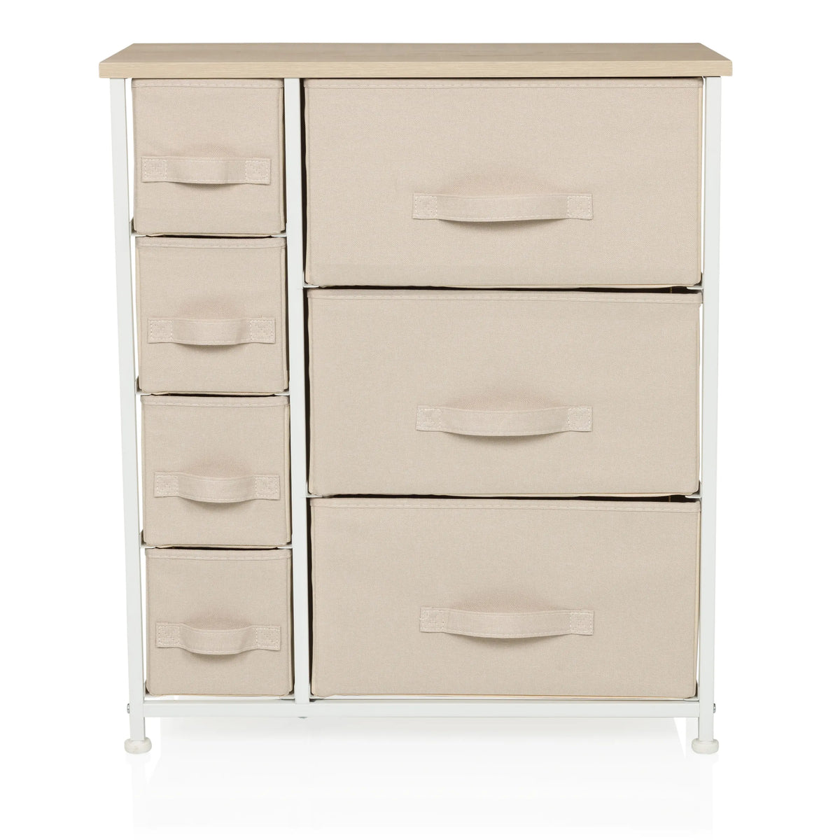Beige Commode FOLDRESS B met zeven stoffen laden en wit frame van hjh LIVING – 360-gradenweergave (vooraanzicht 0°)