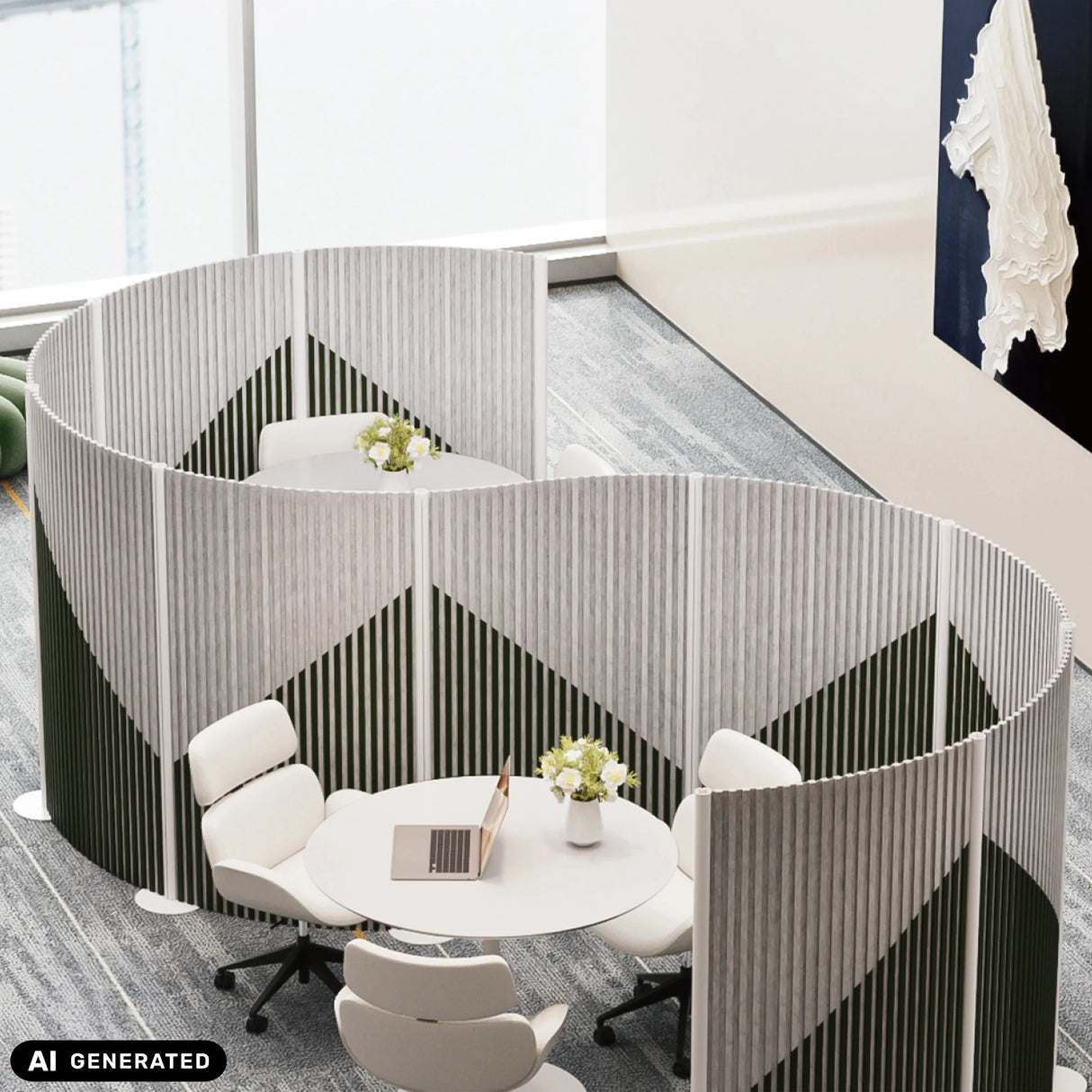 Grijze Flexmiut Wave scheidingswanden met verticale lamellenstructuur als zichtscherm van hjh OFFICE (AI-gegenereerde afbeelding)