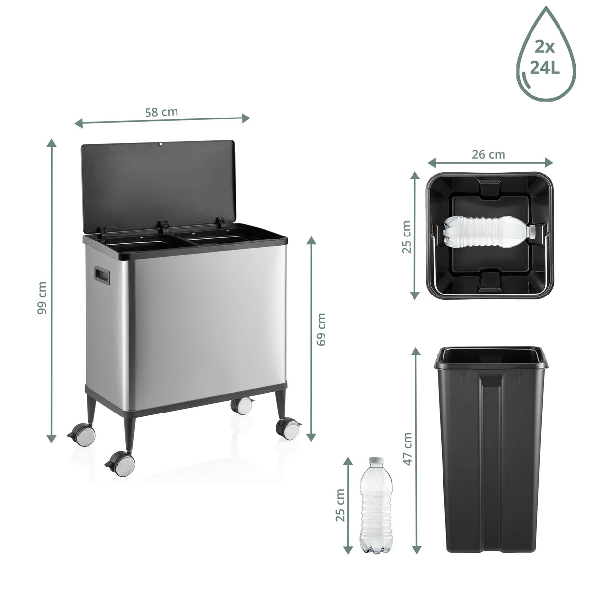 Maattekening van de prullenbak Clean Mobile in zilver, 99 x 58 cm, met twee bakken van 24 liter van hjh OFFICE