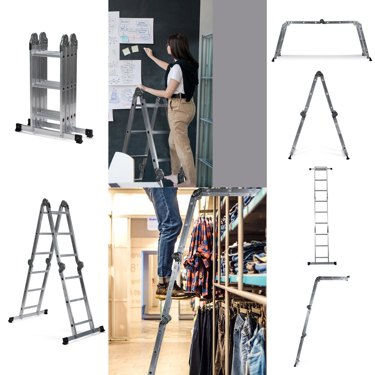 Aluminium klaptrappen SOLID W3 in verschillende vouwposities en in gebruik van hjh OFFICE