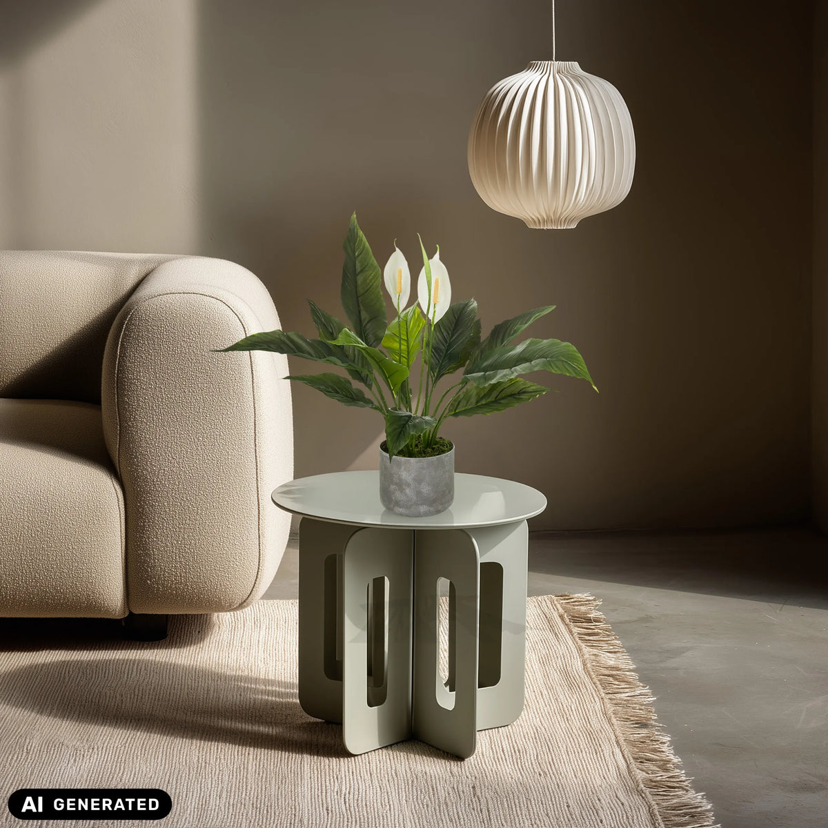 Kunstplant Spathiphyllum 1 in een grijze pot op een bijzettafel van hjh OFFICE (AI-gegenereerde afbeelding)
