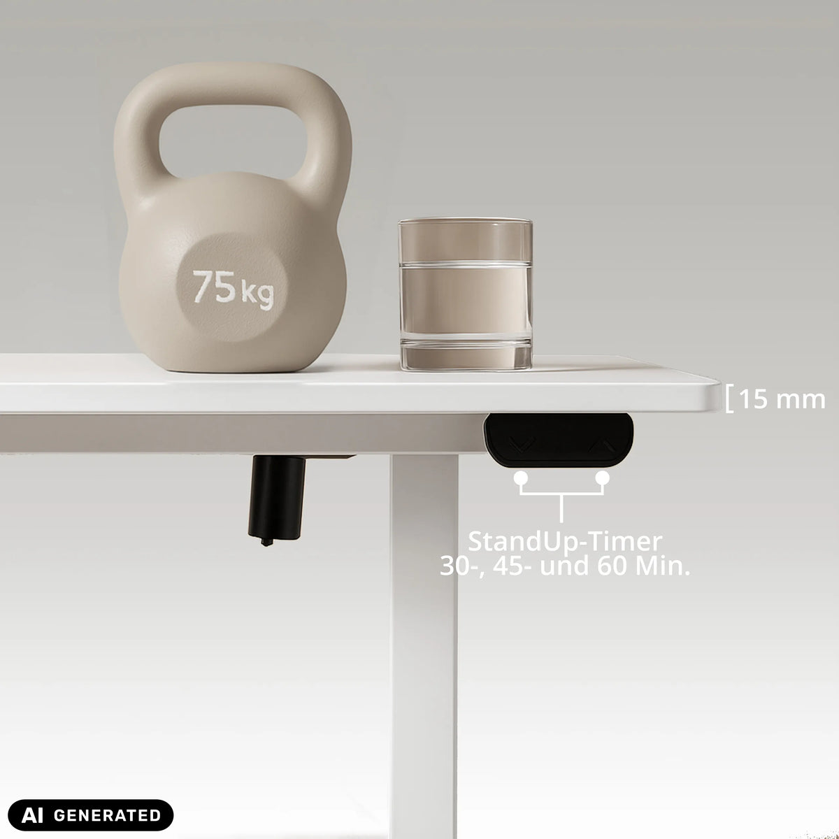 StandUp-timer en een bladdikte van 15 mm van het Worktime bureau in wit van hjh OFFICE (AI-gegenereerde afbeelding)