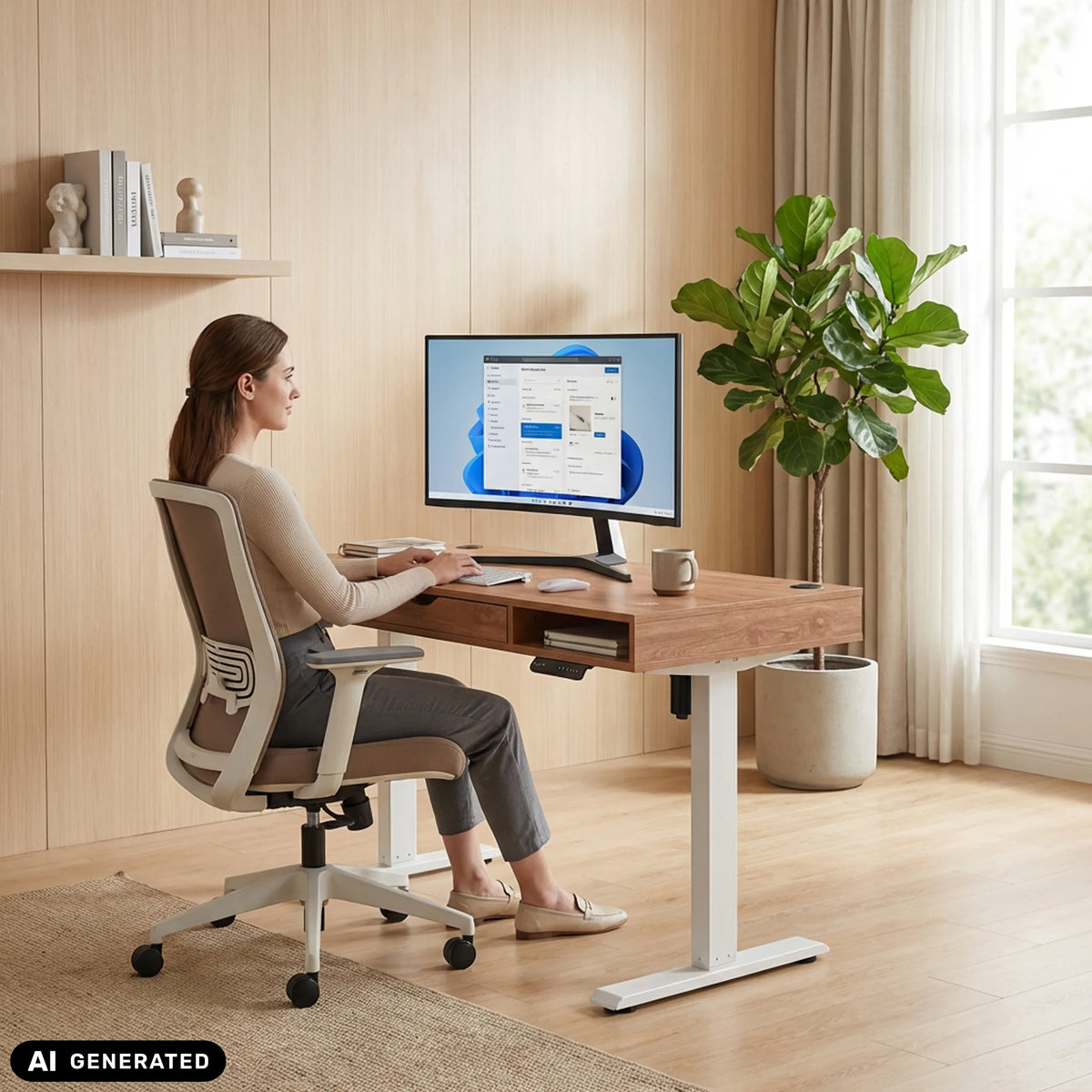 Elektrisch in hoogte verstelbaar bureau Worktime Style in eiken en wit van hjh OFFICE (AI-gegenereerde afbeelding)