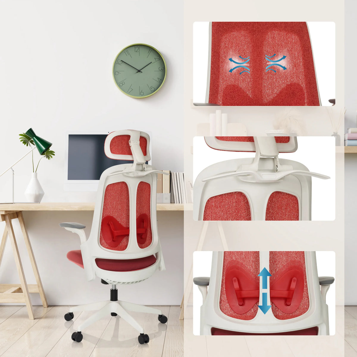 Rode stoffen bekleding en in hoogte verstelbare lendensteun van de Professionele bureaustoel ARCEO WF van hjh OFFICE