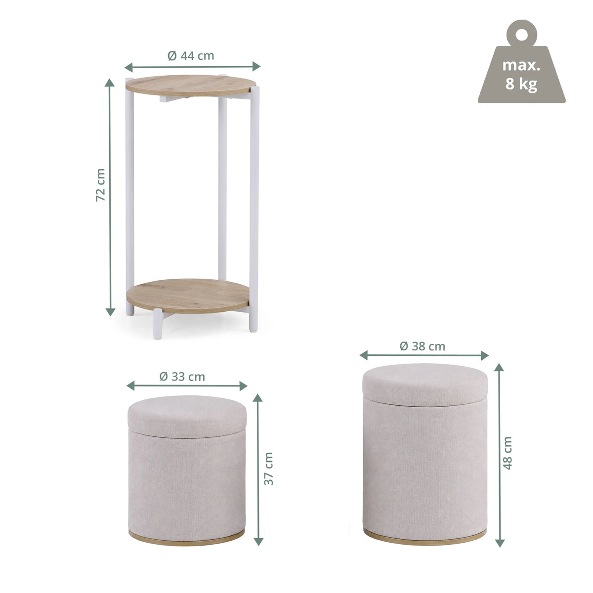Maattekening van de Nestup 1 bijzettafel met een hoogte van 72 cm en een diameter van 44 cm van hjh LIVING