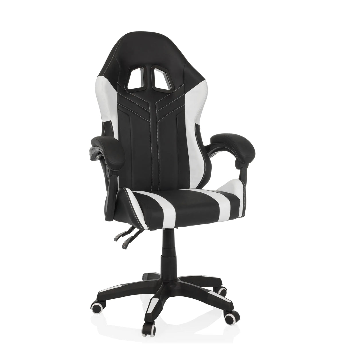 Zwart-witte Gamestoel GAMEBREAKER W02 met vijfpootkruis met zwenkwielen van MyBuero – 360-gradenweergave (schuin vooraanzicht 30°)