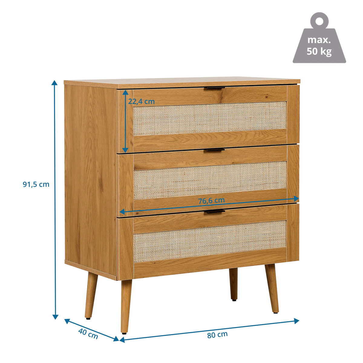 Maattekening van de Commode BOHEO K van 80 × 40 cm met een maximale belasting van 50 kg van hjh LIVING