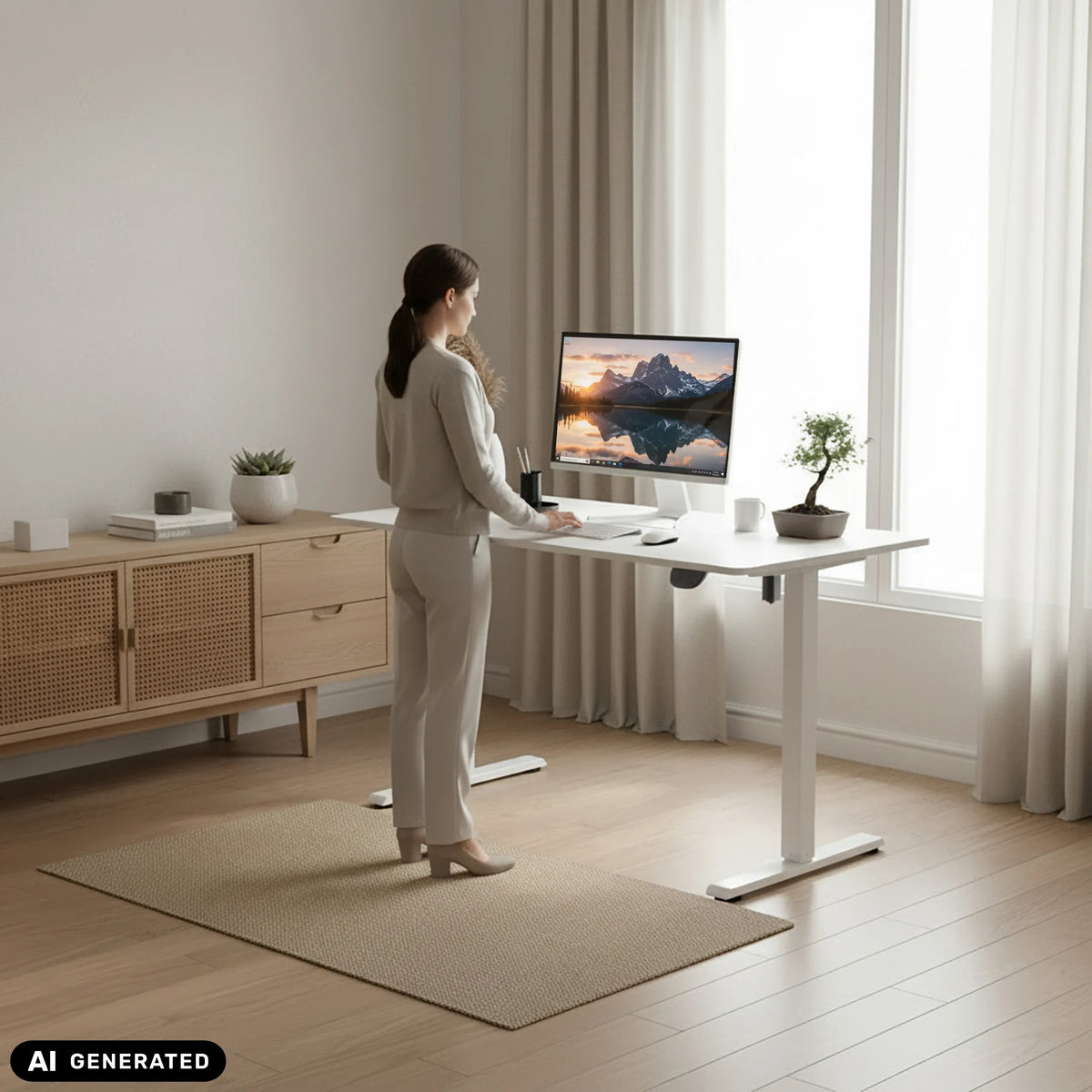 Elektrisch in hoogte verstelbaar bureau Worktime in het wit in gebruik van hjh OFFICE (AI-gegenereerde afbeelding)