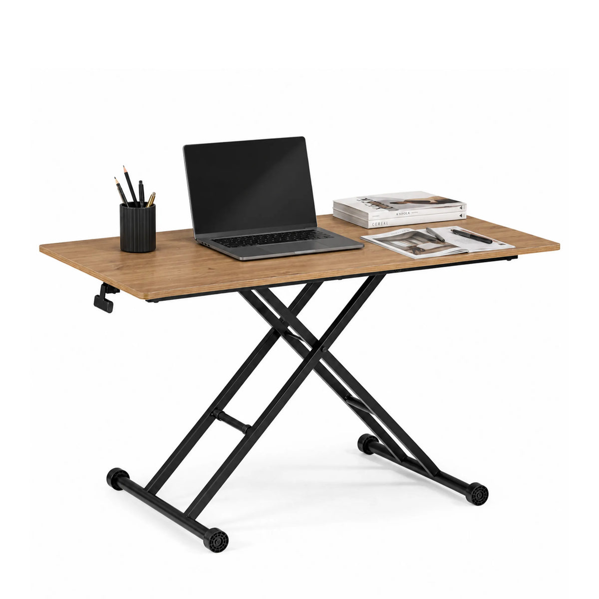 Hoogteverstelbaar bureau Worktime Lift in eiken en zwart met X-onderstel en laptop van hjh OFFICE