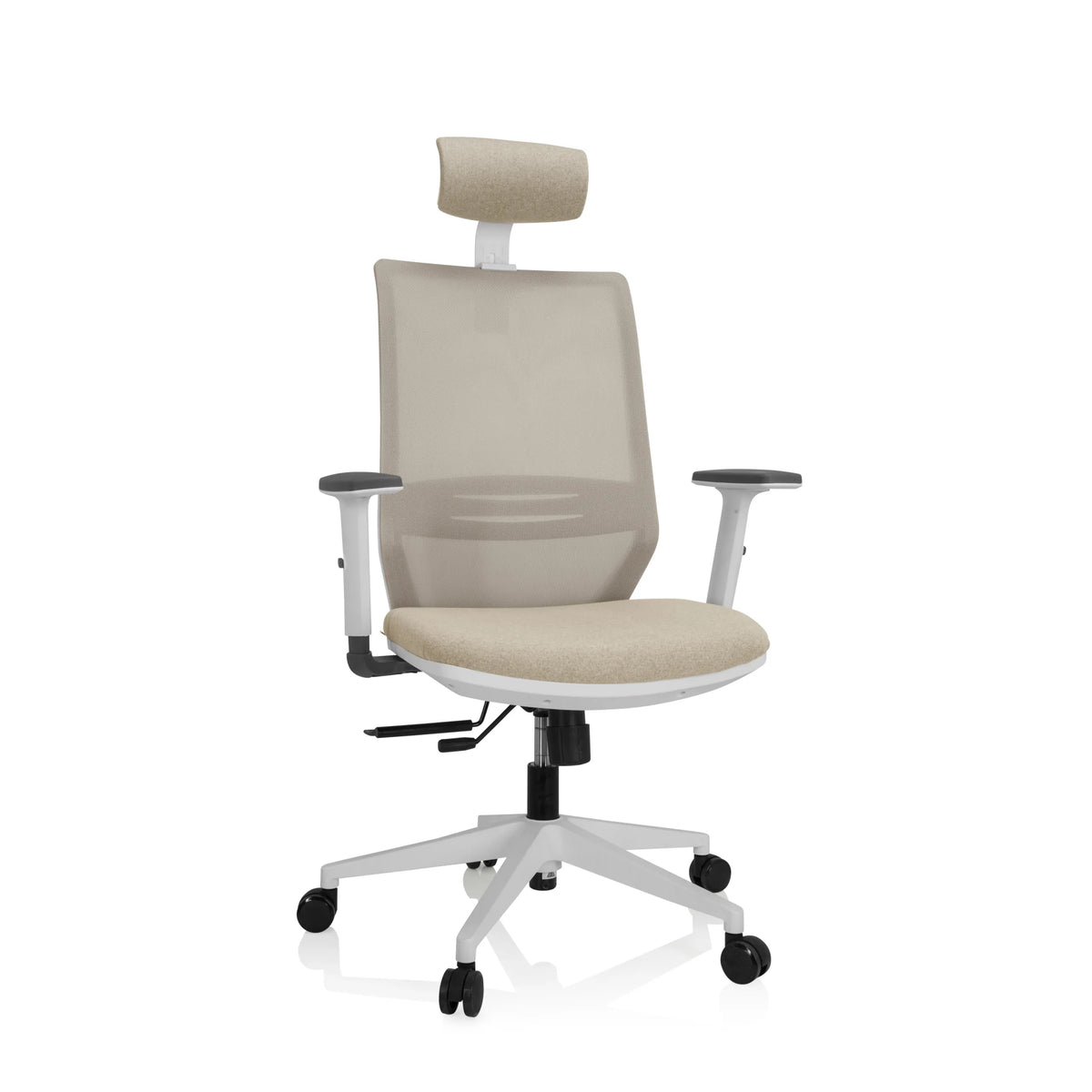 Beige Professionele bureaustoel PROFONDO PRO W met netrug, hoofdsteun en wit kruisvoet met vijf wieltjes van hjh OFFICE – 360-gradenweergave (vooraanzicht 20°)