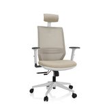 Beige Professionele bureaustoel PROFONDO PRO W met netrug, hoofdsteun en wit kruisvoet met vijf wieltjes van hjh OFFICE – 360-gradenweergave (vooraanzicht 20°)