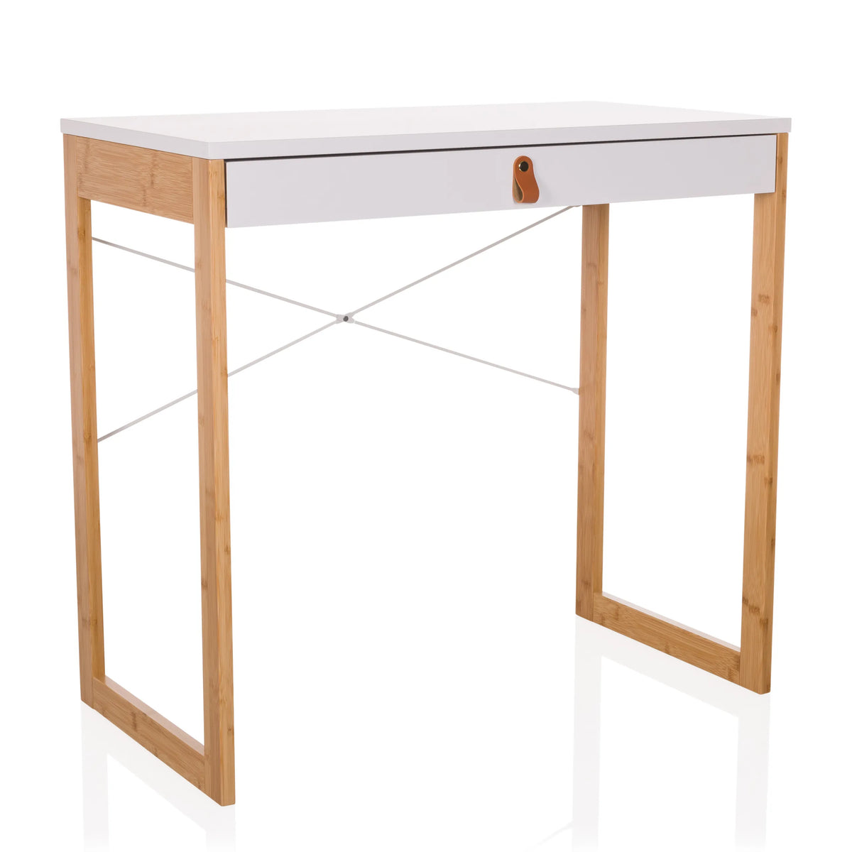 Wit Bureau TAROLO II met één lade, bruine lederen handgreep en houten poten van hjh LIVING – 360-gradenweergave (schuin vooraanzicht 30°)