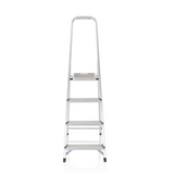 Silberne Klappleiter SOLID II aus Aluminium mit vier Stufen und Handgriff von hjh OFFICE – 360-Grad-Ansicht (Frontansicht 0°)