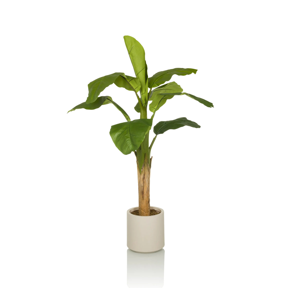 Groene Kunstplant BANANE I met grote bladeren in een beige overpot van hjh OFFICE – 360-gradenweergave (vooraanzicht 0°)