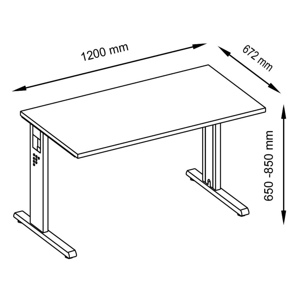 Maattekening van het in hoogte verstelbare bureau MEGA 612 W met een werkblad van 1200 x 672 mm van hjh OFFICE PRO
