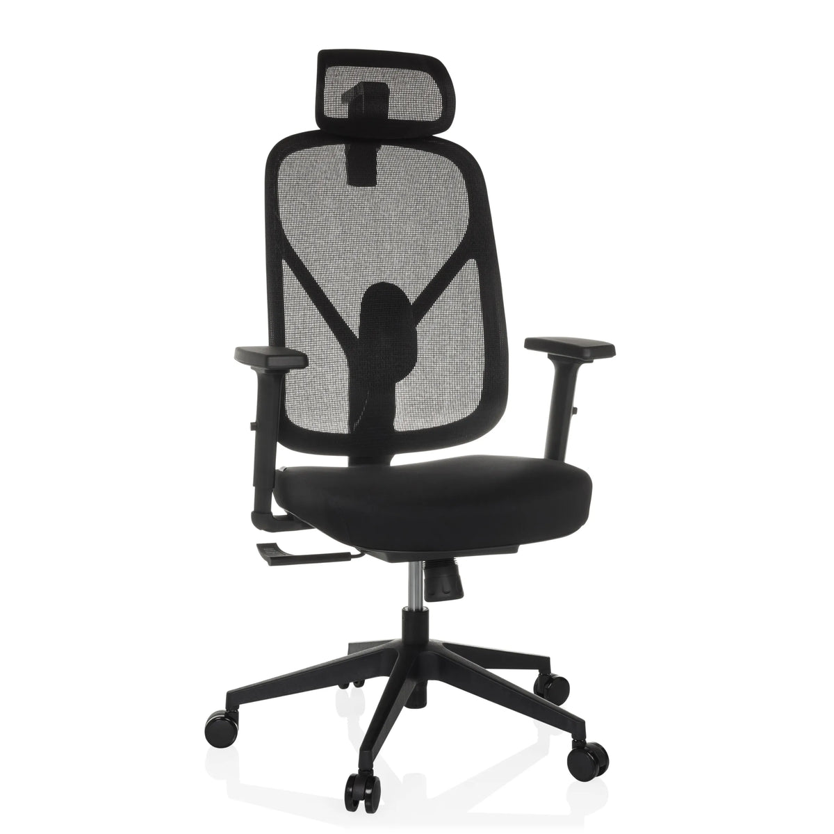 Zwarte Professionele bureaustoel RALOO ECO met netrugleuning en vijfpoot met zwenkwielen van hjh OFFICE – 360-gradenweergave (vooraanzicht 15°)