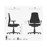 Technische Zeichnung des Profi-Chefsessels HIGH SIT UP mit einer maximalen Belastung von 120 kg von Topstar