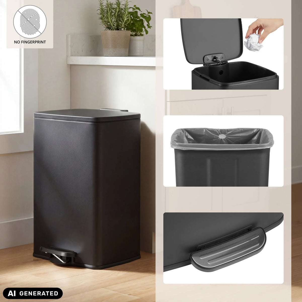 Zwarte Clean Step 3 prullenbak met voetpedaal en zakhouder van hjh OFFICE (AI-gegenereerde afbeelding)