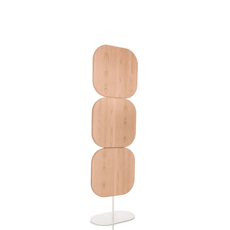 Beige Scheidingswand FLEXMIUT W met drie afgeronde houten elementen op een witte voet van hjh OFFICE