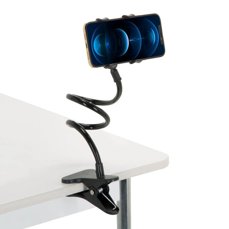 Zwarte Houder voor mobiele telefoon & tablet FLEXMOBI met flexibele zwanenhals en tafelklem van hjh OFFICE