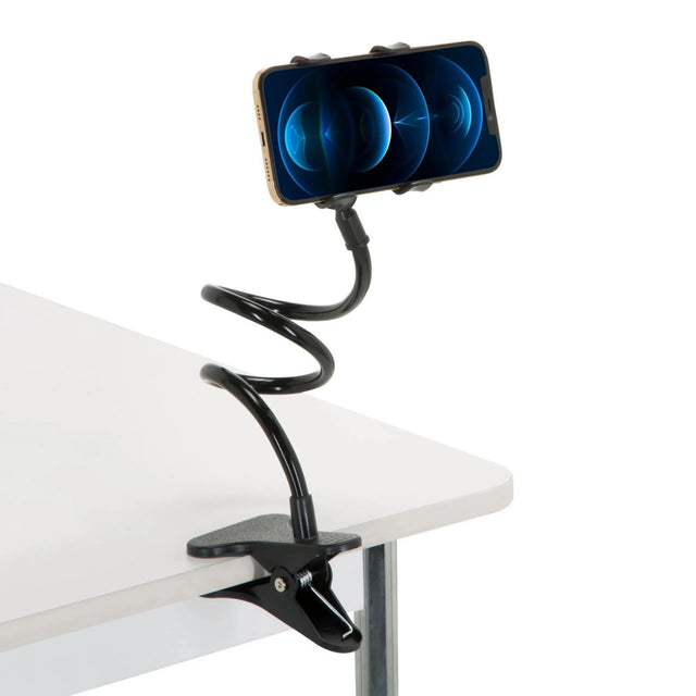 Zwarte Houder voor mobiele telefoon & tablet FLEXMOBI met flexibele zwanenhals en tafelklem van hjh OFFICE