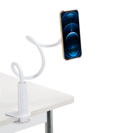 Witte houder voor mobiele telefoon & tablet FLEXMOBI I met flexibele zwanenhals en tafelklem van hjh OFFICE