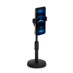 Zwarte Houder voor mobiele telefoon & tablet FLEXMOBI II met ronde voet en smartphone van hjh OFFICE